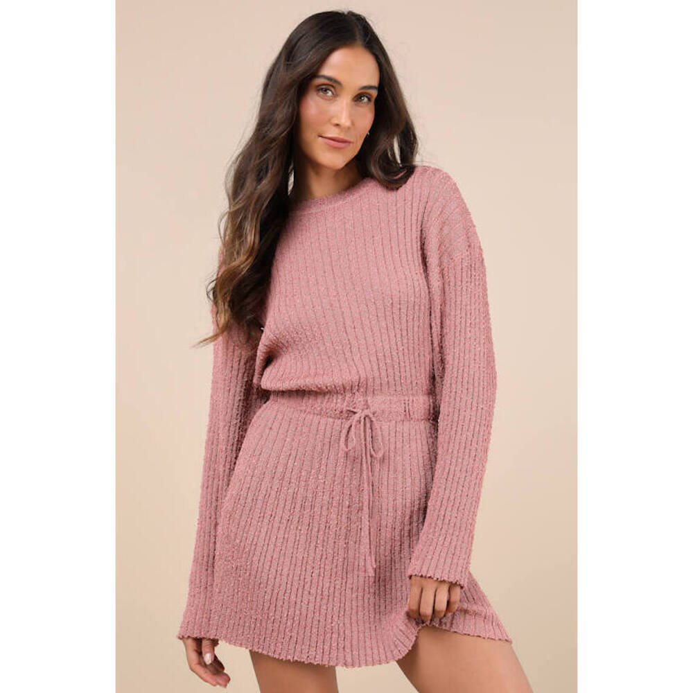 Lulus Considerable Charm Mauve Boucle Knit Sweater Mini Dress Pink - Size S